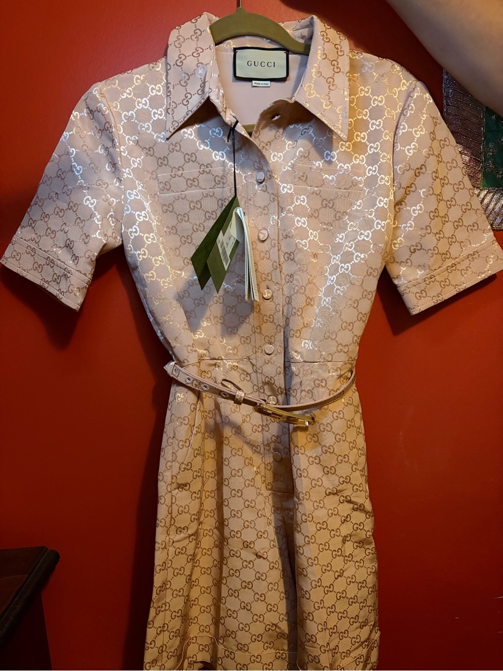 Gucci Beige GG Monogram Midi Shirt Dress with Slim Belt